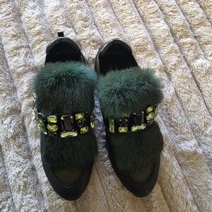 Italian Brand New Green Fur Gem-Embellished Women's Slip-On Sneakers Almost New
